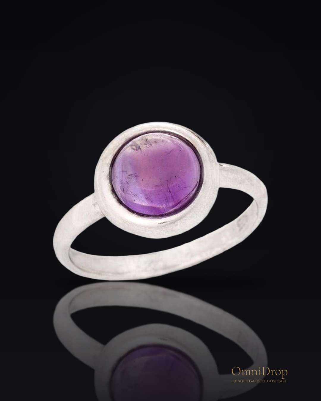 Anello in ametista viola tonda naturale, in argento rodiato 925, 8 mm