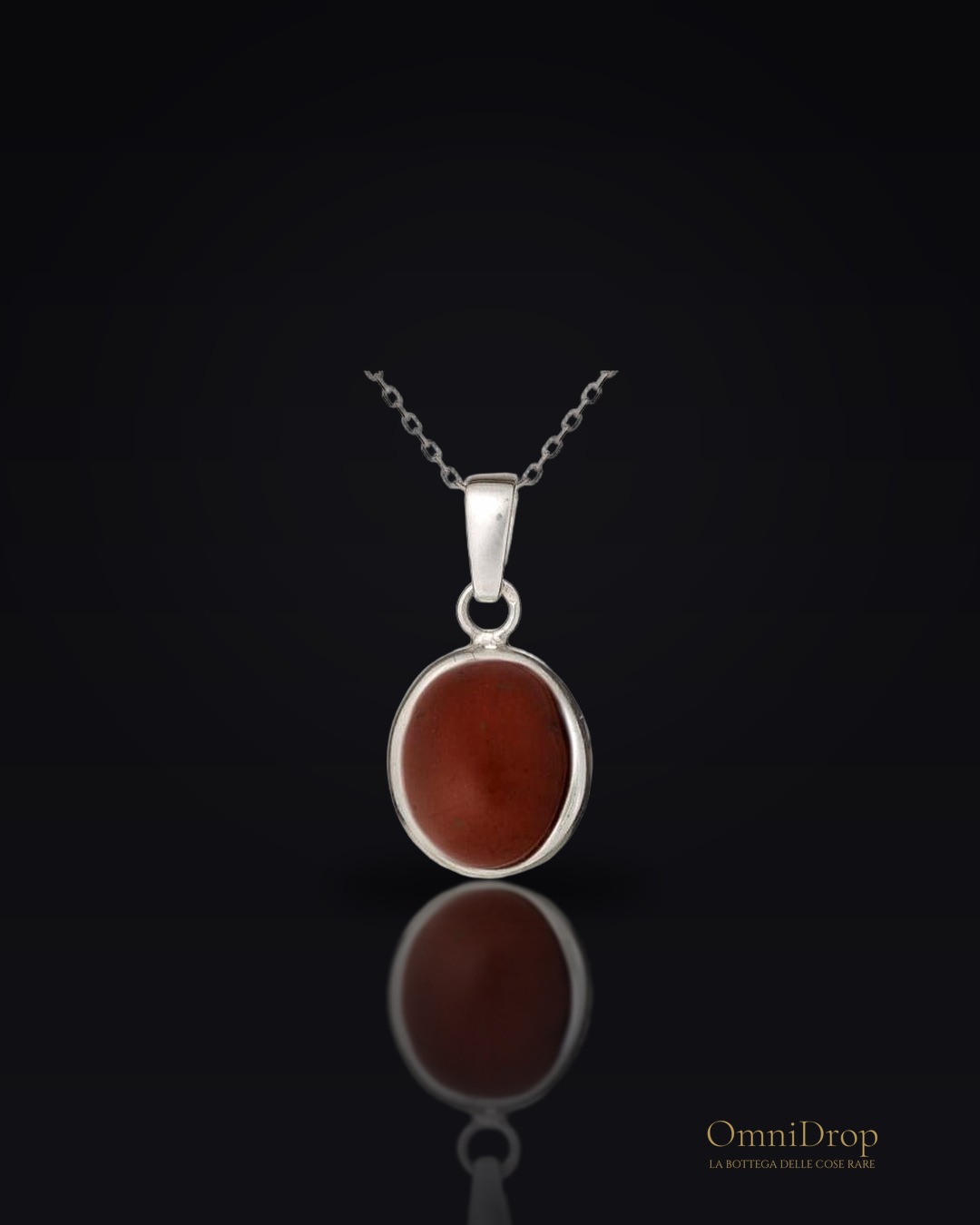 Ciondolo in diaspro rosso ovale naturale, in argento rodiato 925, 10x12 mm