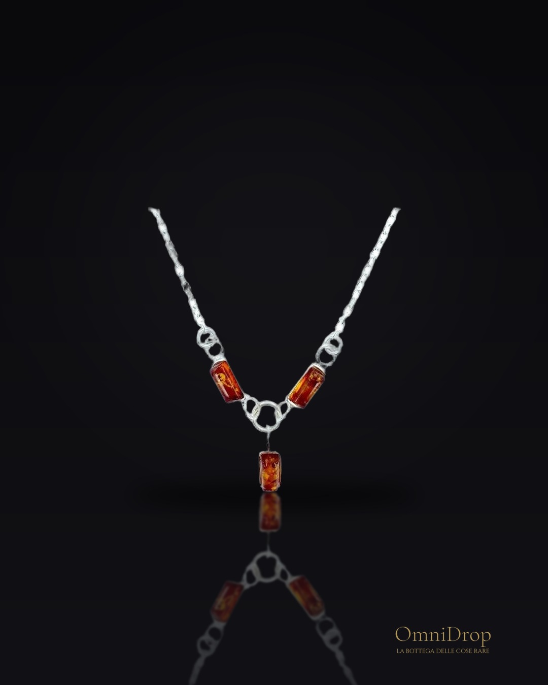 Collana in ambra baltica cognac rettangolare naturale, in argento 925, 41+4 cm