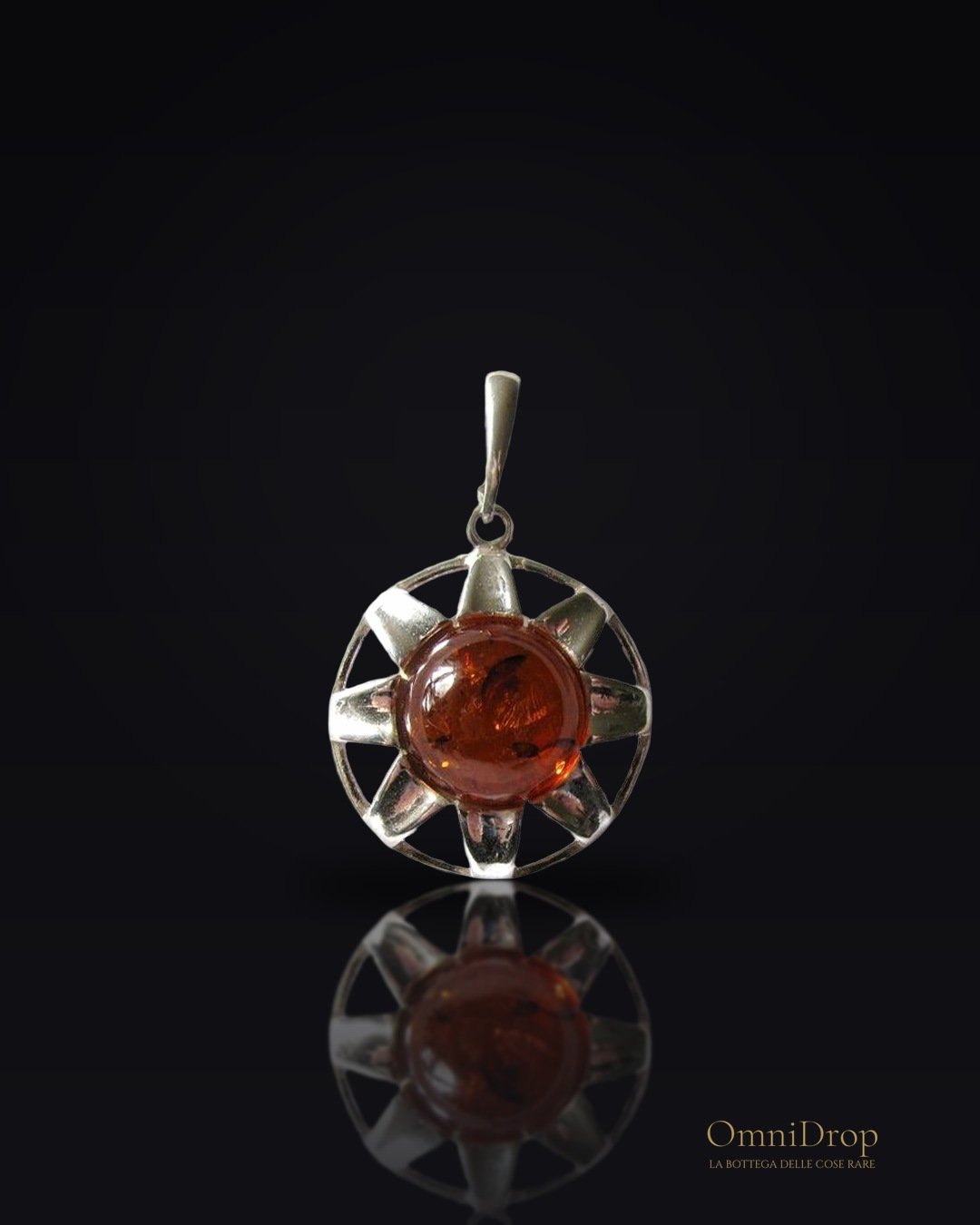 Ciondolo in ambra baltica cognac tonda naturale, in argento 925, 10 mm