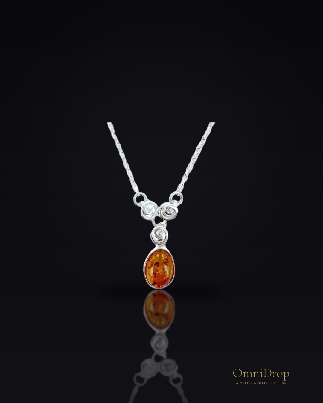 Collana in ambra baltica cognac ovale naturale, in argento 925, 41+4 cm