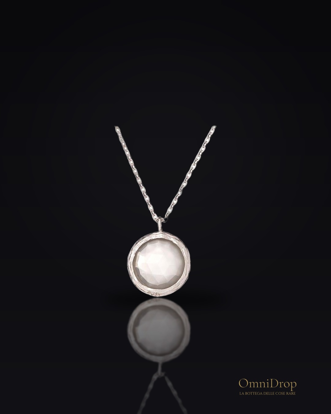 Collana in pietra di luna bianca tonda naturale, in argento rodiato 925, 42+3 cm
