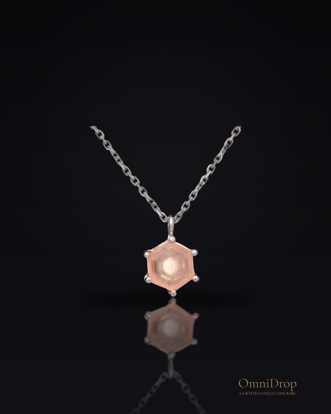 Collana in quarzo rosa naturale, in argento rodiato 925, 42+3 cm