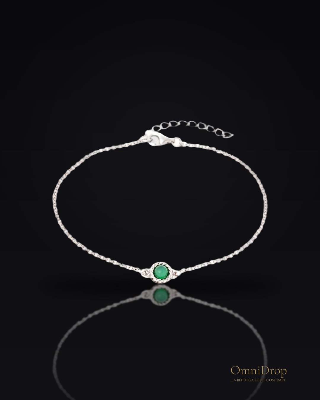 Bracciale tondo in agata verde tonda tinta, in argento rodiato 925, 17+3 cm