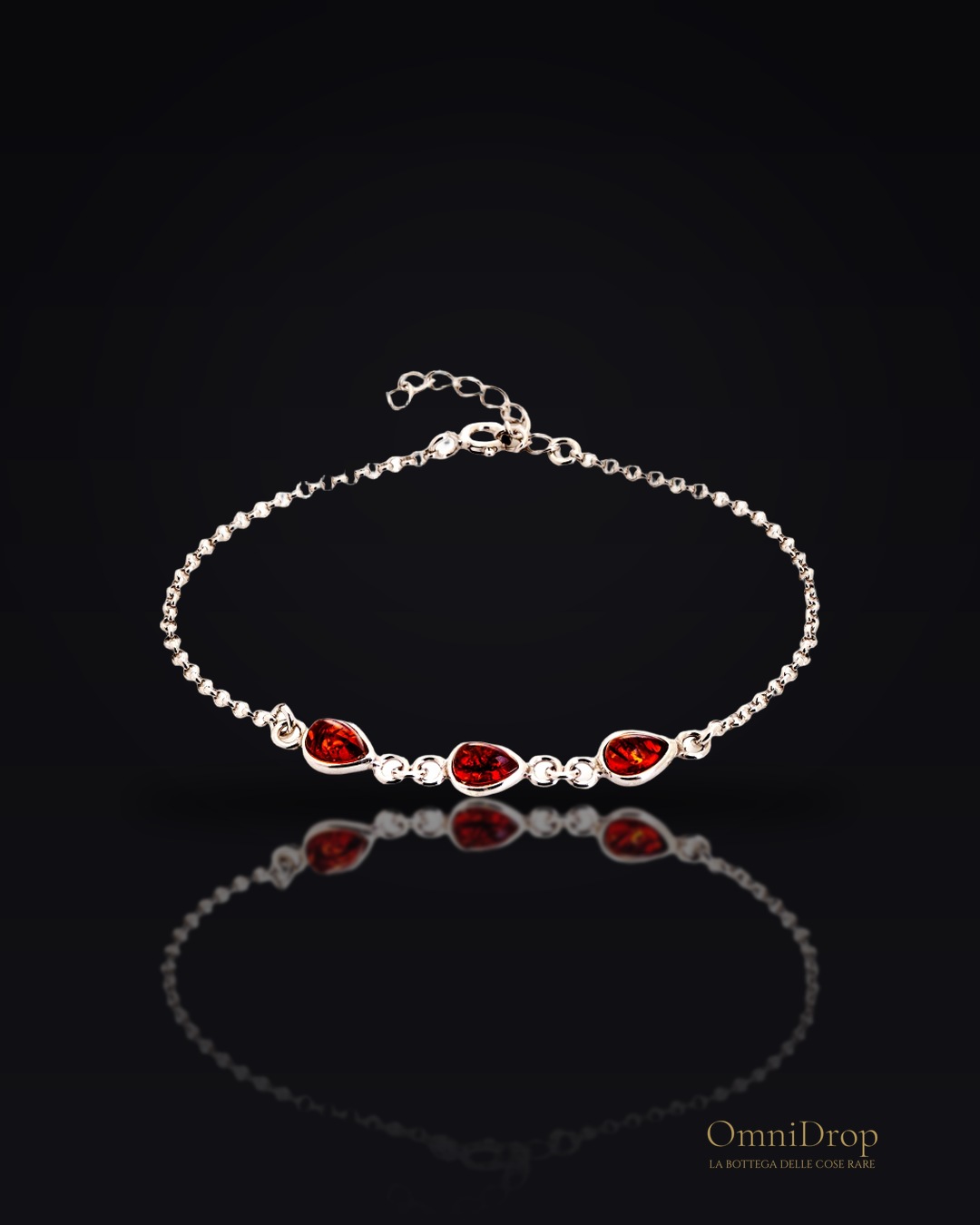Bracciale in ambra baltica cognac goccia naturale, argento rodiato 925, 16+3 cm