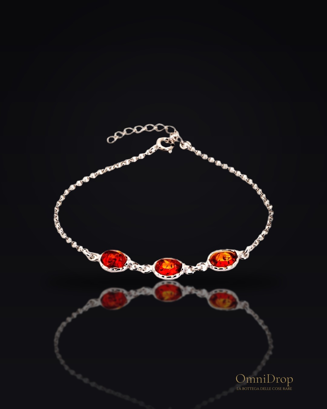 Bracciale in ambra baltica cognac ovale naturale, argento rodiato 925, 16+3 cm