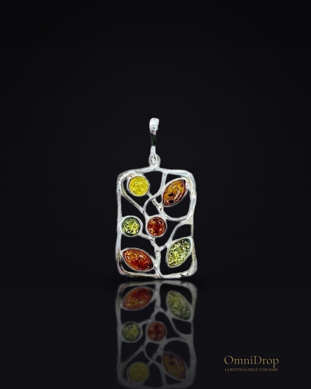 Ciondolo rettangolo in ambra multicolore marquise, argento 925, 2,5x3+1 cm
