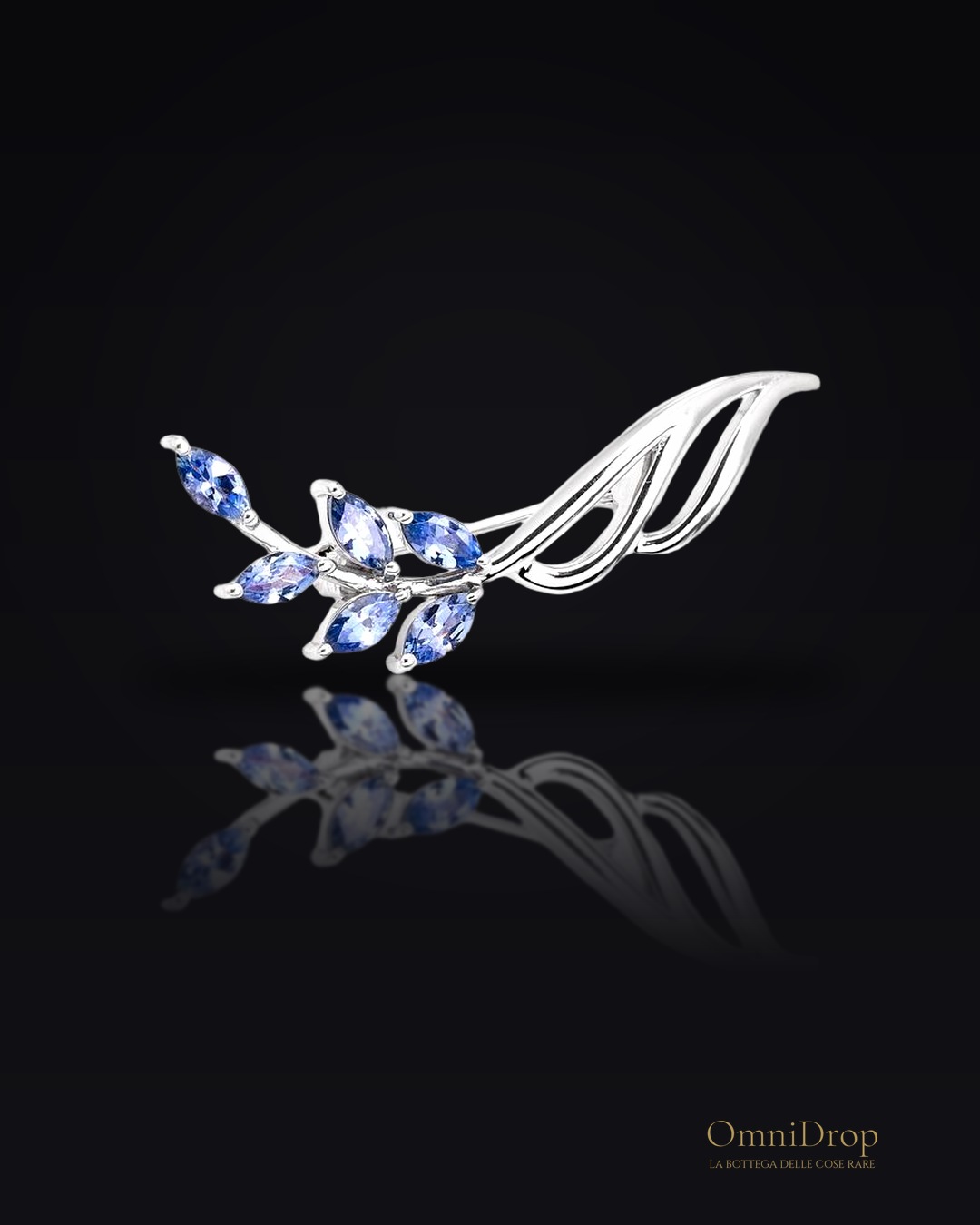 Spilla in tanzanite blu marquise naturale, in argento rodiato 925, 3x6 mm