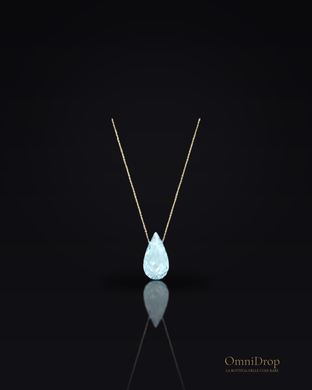 Collana con topazio blu naturale taglio goccia, in oro 750, lunghezza 42 + 3 cm