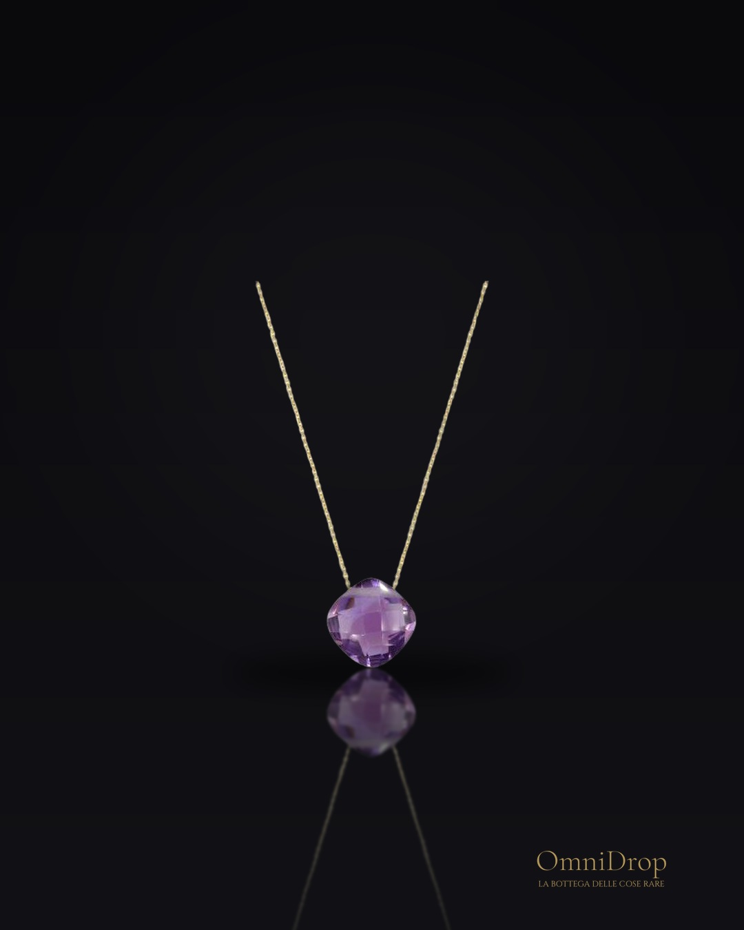 Collana con ametista viola naturale taglio cuscino, in oro 750, lunghezza 42 + 3 cm