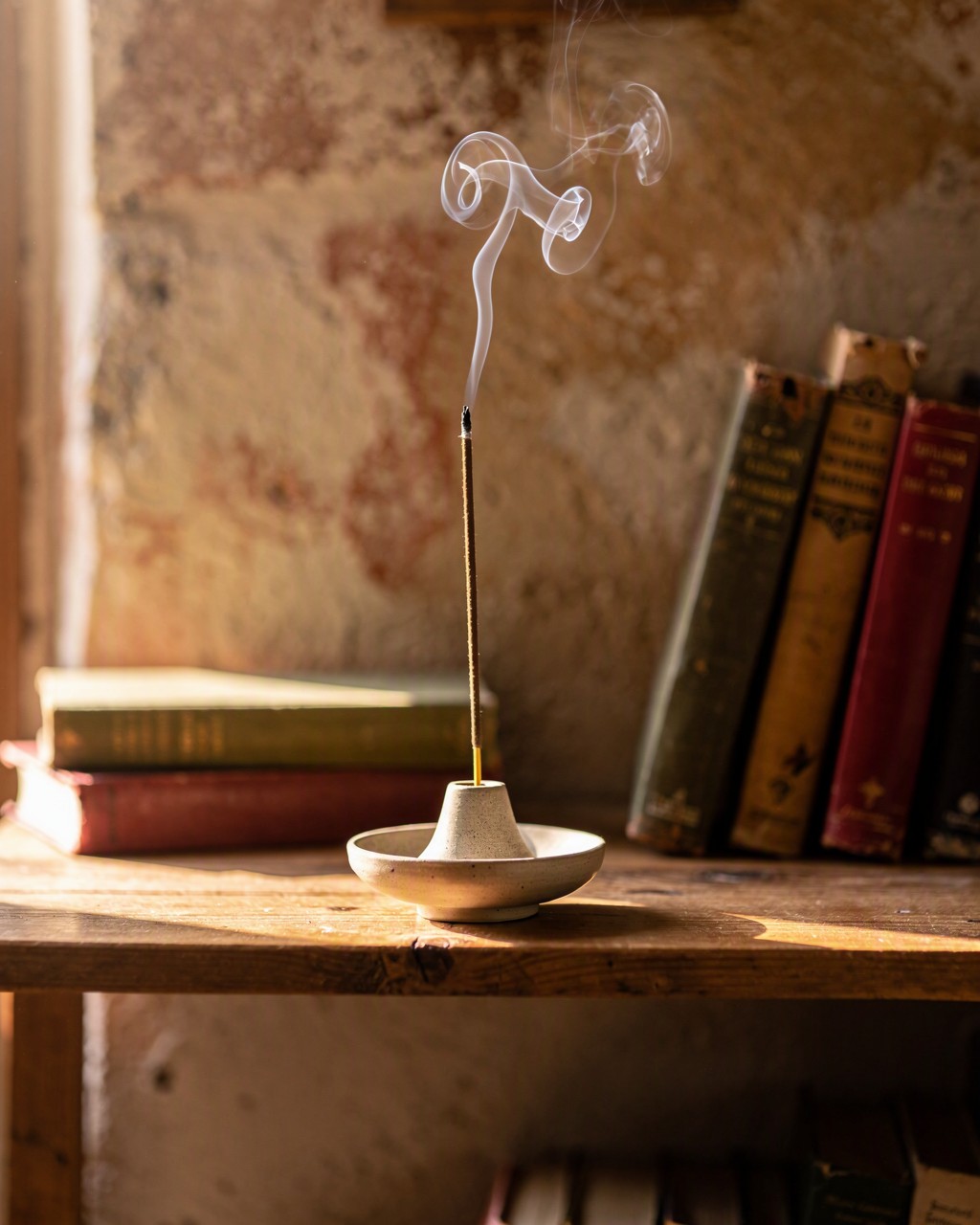 Incenso che brucia in un porta-incenso di ceramica su una mensola con libri