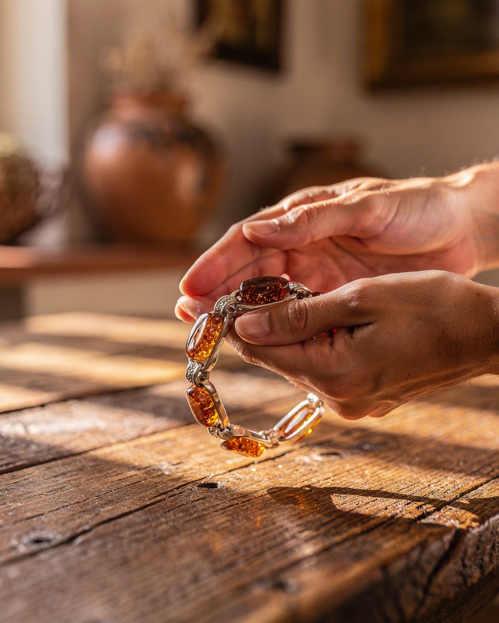 Mani che tengono un bracciale in ambra e argento su un tavolo di legno